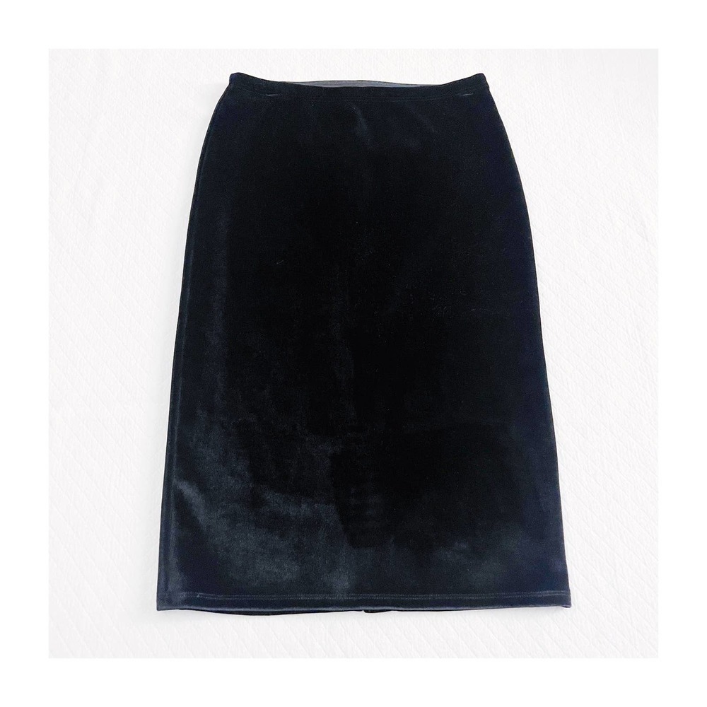 Leith Black Velvet Stretchy Pencil Skirt Backslit SZM